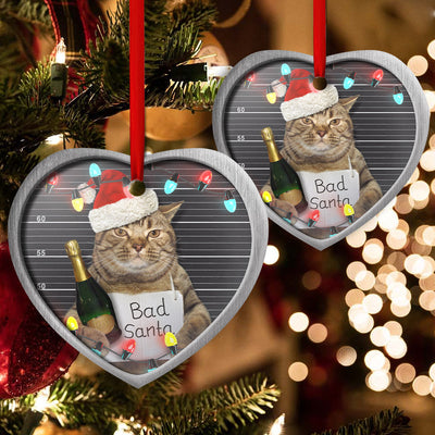 Christmas Cat Bad Santa Champagne And Santa Hat - Heart Ornament - Owls Matrix LTD