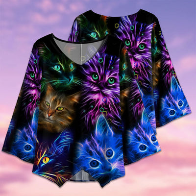 Cat Neon Cats Style - V-neck T-shirt - Owls Matrix LTD