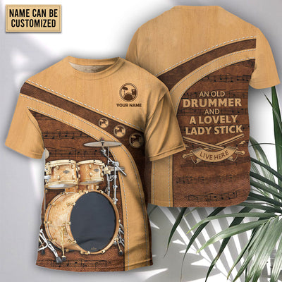 Drum An Old Drummer And A Lovely Lady Stick Personalized - Round Neck T-shirt - Owls Matrix LTD