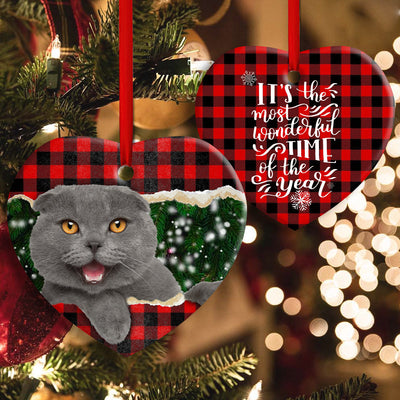 Christmas Cat Happy Meowy Xmas - Heart Ornament - Owls Matrix LTD