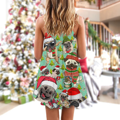 Pug Dog Pugmas Santa Merry Christmas Snow - V-neck Sleeveless Cami Dress - Owls Matrix LTD