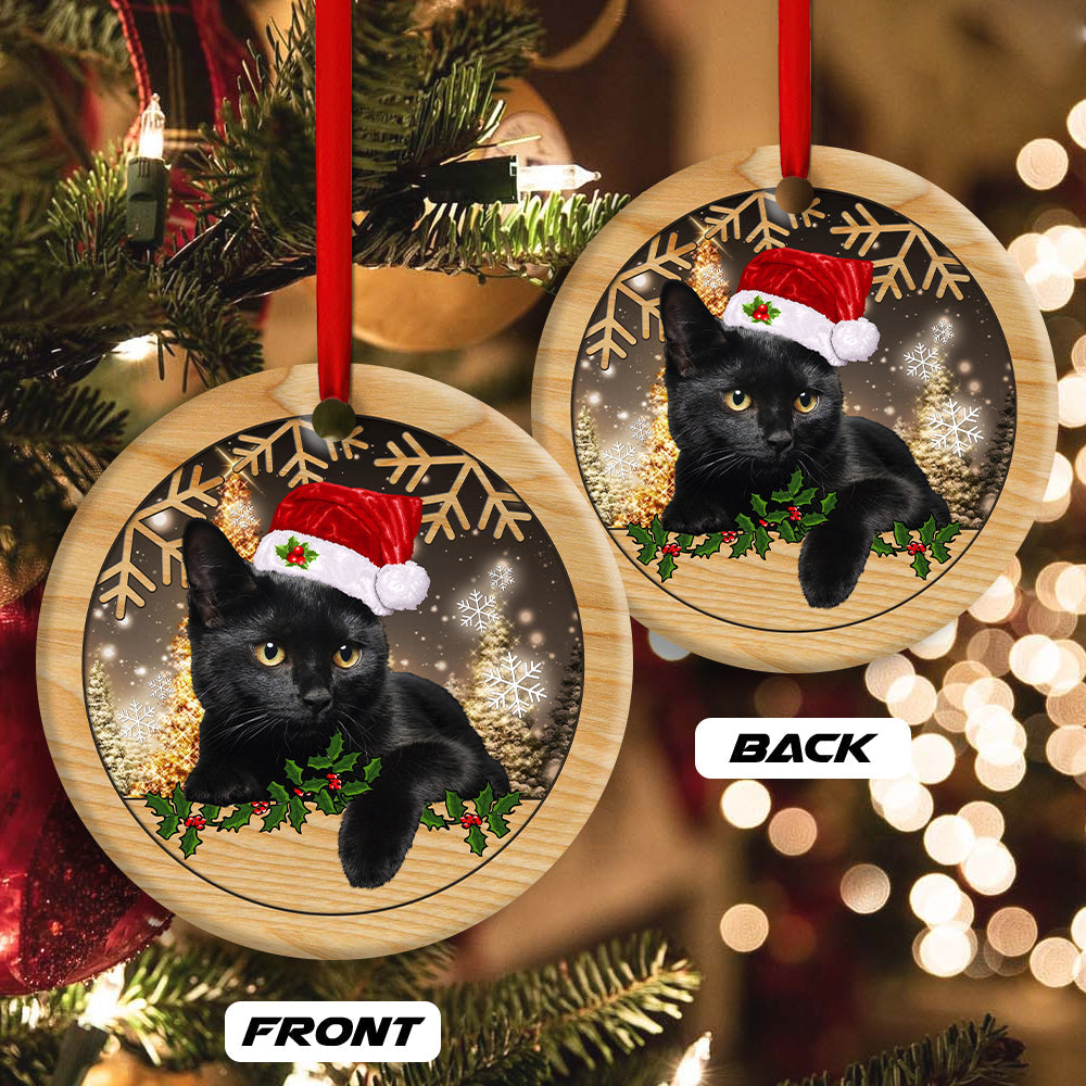 Christmas Black Cat Cute Kitty Cat Xmas - Circle Ornament - Owls Matrix LTD