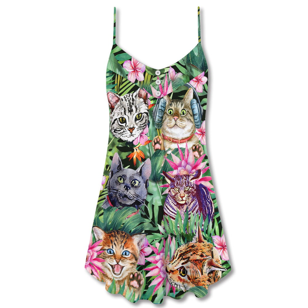 Cat Is My Life Funny Tropical Leaf - V-neck Sleeveless Cami Dress - Owls Matrix LTD