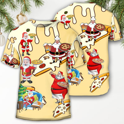 Christmas Santa Eating Pizza. It's Yummy - Round Neck T-shirt - Owls Matrix LTD