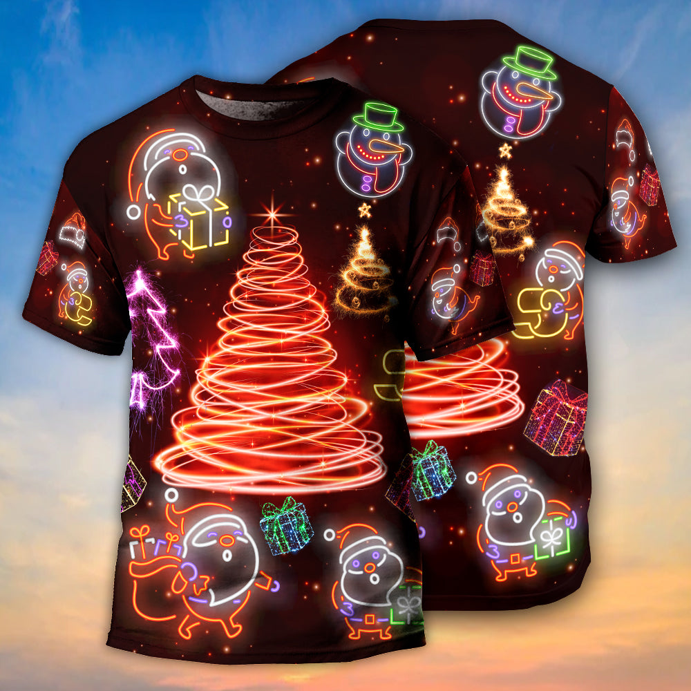 Christmas Funny Santa Claus Tree Red Neon Light Style - Round Neck T-shirt - Owls Matrix LTD