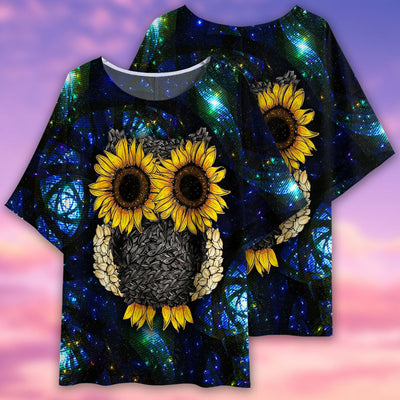 Owl Sunflowers Night Art - Women's T-shirt With Bat Sleeve - Owls Matrix LTD