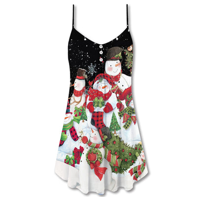 Christmas Cutie Snowman Happy Xmas Cardinal - V-neck Sleeveless Cami Dress - Owls Matrix LTD