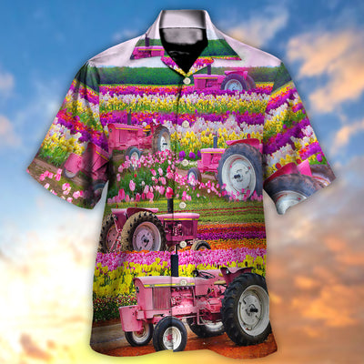 Tractor In Field Tulip Rural Landscape Majestically - Hawaiian Shirt - Owls Matrix LTD