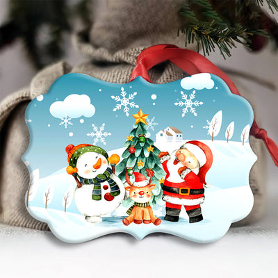 Christmas Santa Snowman And Deer Happy Together - Horizonal Ornament - Owls Matrix LTD