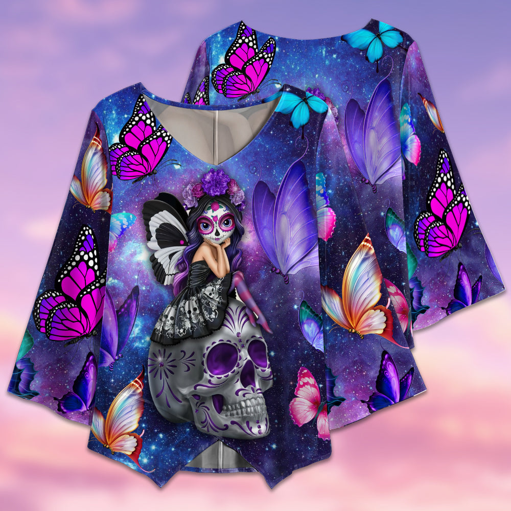 Sugar Skull Butterfly Lighting Style - V-neck T-shirt - Owls Matrix LTD