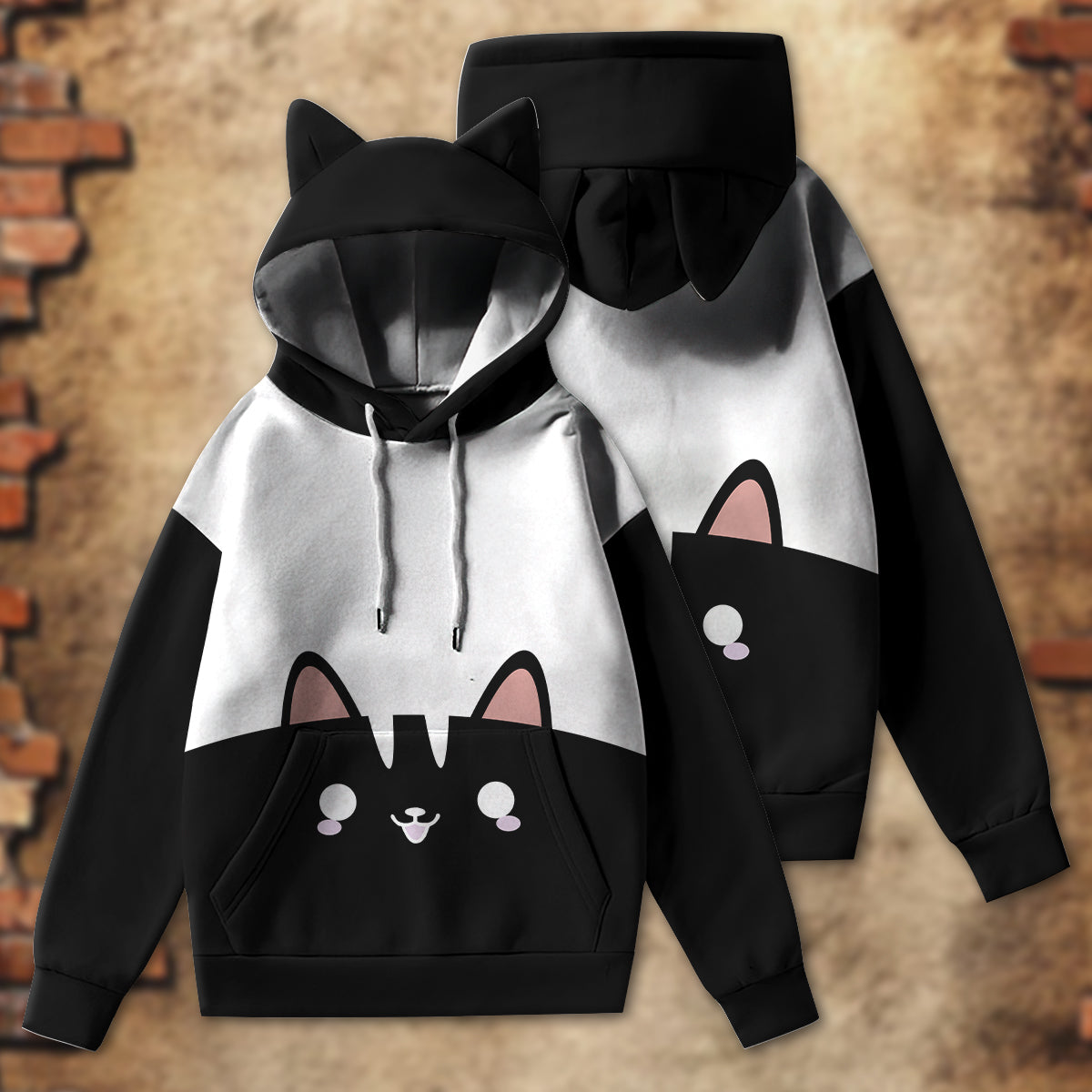 Cat Black And White Style - Ears Hoodie - Owls Matrix LTD