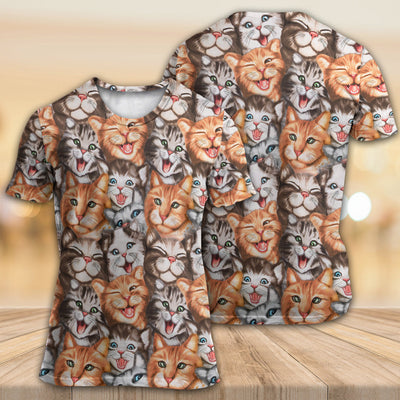Cat Cute Happy Life With Funny Little Cat - Round Neck T-shirt - Owls Matrix LTD