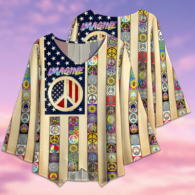 Hippie Imagine All The People Living Life In Peace Flag - V-neck T-shirt - Owls Matrix LTD
