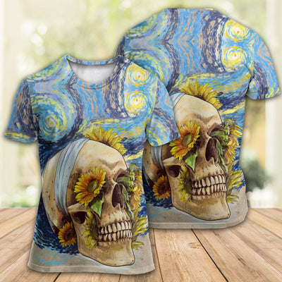 Skull And Sunflower Vintage Amazing Starry Night - Round Neck T-shirt - Owls Matrix LTD