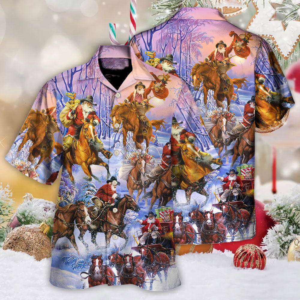 Christmas Santa And Horse Ho Ho Ho Everywhere Merry Xmas - Hawaiian Shirt - Owls Matrix LTD