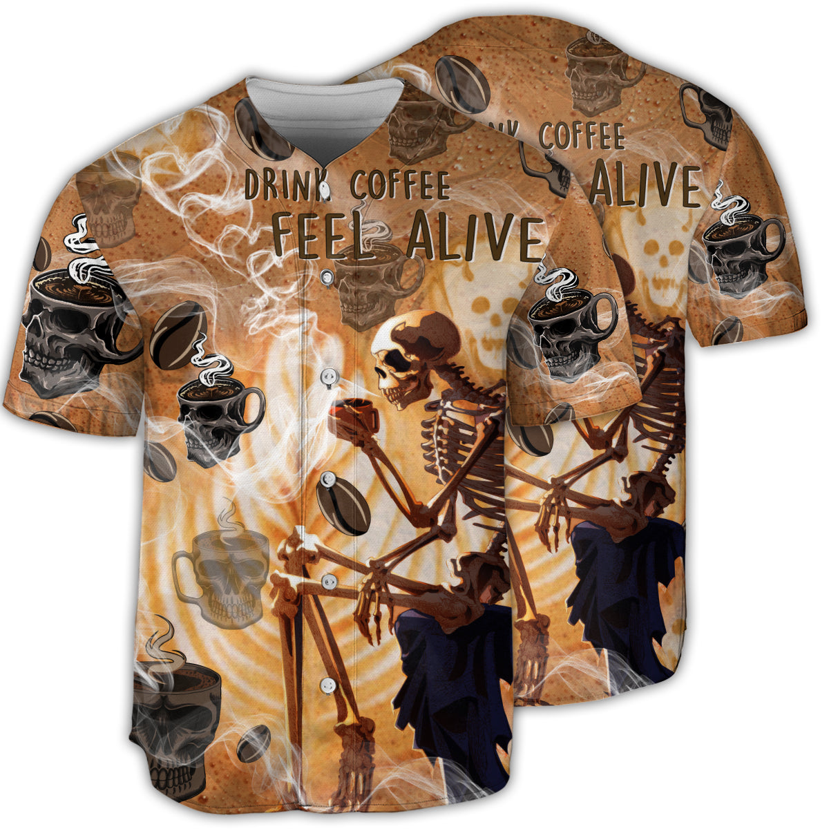 Skull Drink Coffee Feel Alive - Baseball Jersey - Owls Matrix LTD