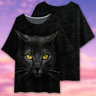 Black Cat Darkness Style - Women's T-shirt With Bat Sleeve - Owls Matrix LTD