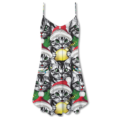 Christmas Meowy Xmas Cat Lover - V-neck Sleeveless Cami Dress - Owls Matrix LTD
