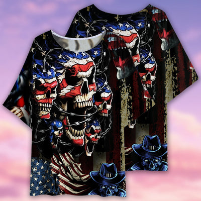 Skull America Flag Vintage - Women's T-shirt With Bat Sleeve - Owls Matrix LTD