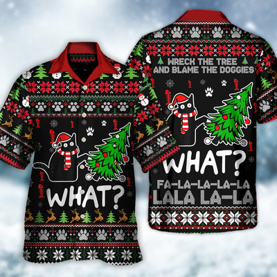 Black Cat Wreck The Tree Funny Ugly Style Christmas - Hawaiian Shirt - Owls Matrix LTD