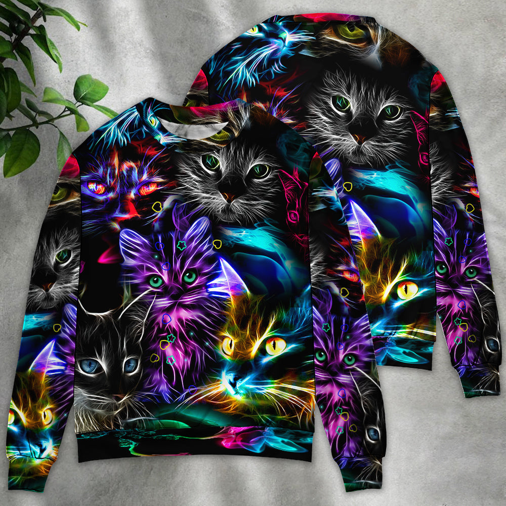 Cat Funny Neon Light Colorful Style - Sweater - Ugly Christmas Sweaters - Owls Matrix LTD