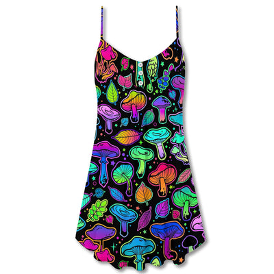 Mushroom Neon Colorful Bright With Leaf - V-neck Sleeveless Cami Dress - Owls Matrix LTD