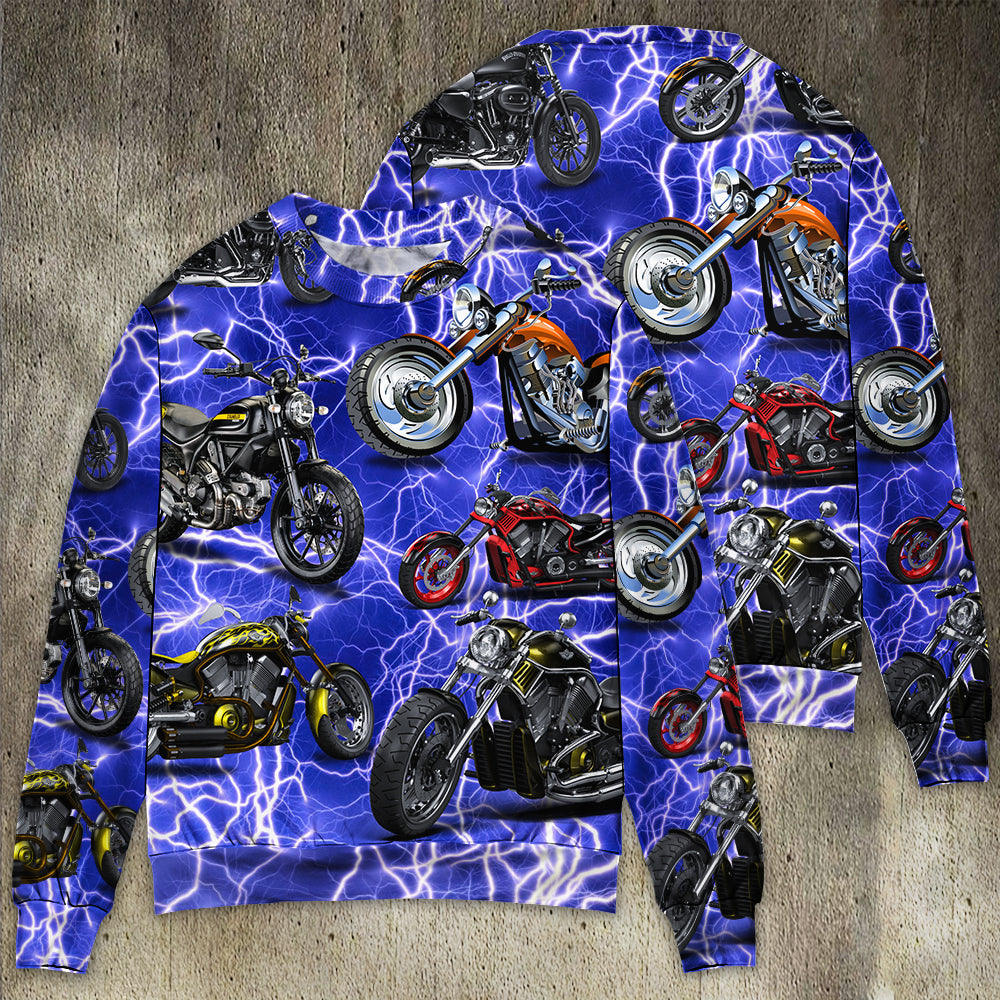 Motorcycle Lover Lightning Blue Cool Style - Sweater - Ugly Christmas Sweaters - Owls Matrix LTD