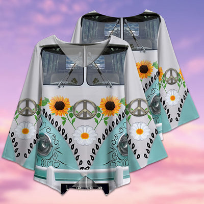 Hippie Van With Daisy And Sunflower - V-neck T-shirt - Owls Matrix LTD