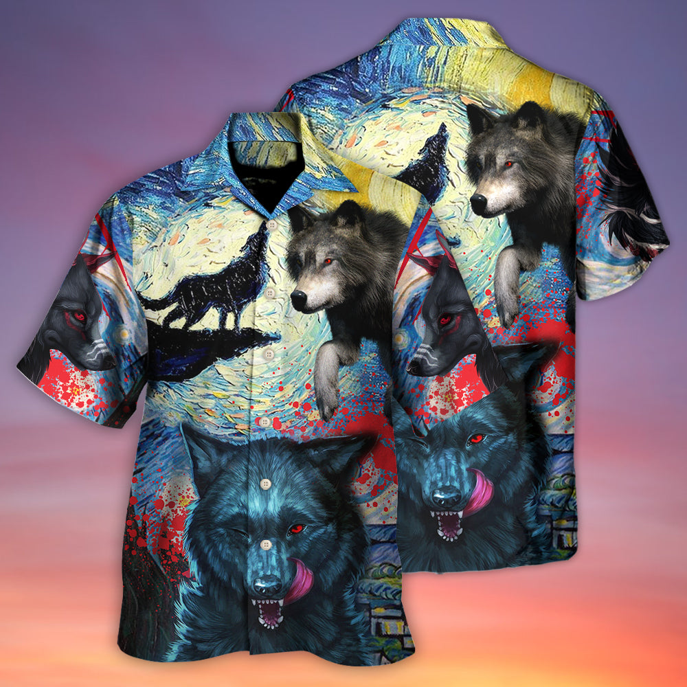 Halloween Black Wolf Crazy Starry Night Blood Art Style - Hawaiian Shirt - Owls Matrix LTD