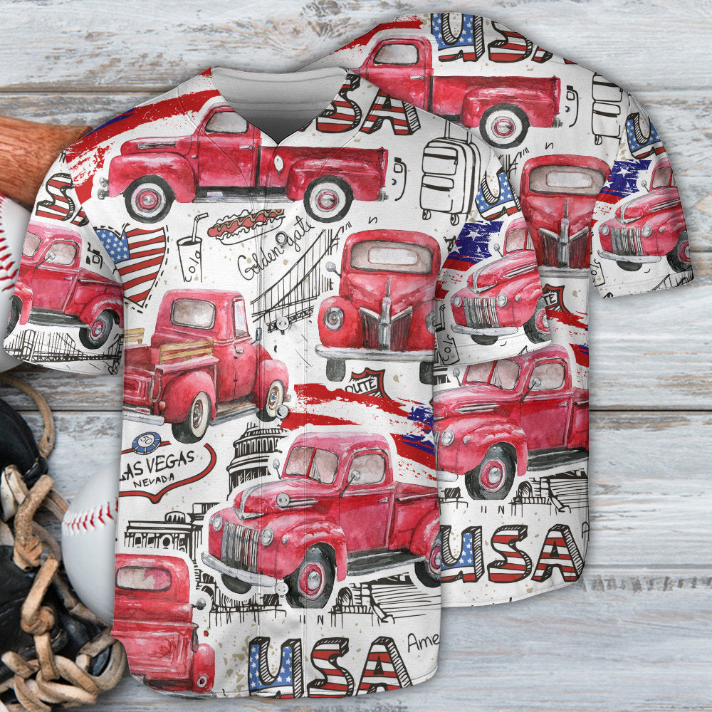 Truck Red USA Flag Independence Day - Baseball Jersey - Owls Matrix LTD