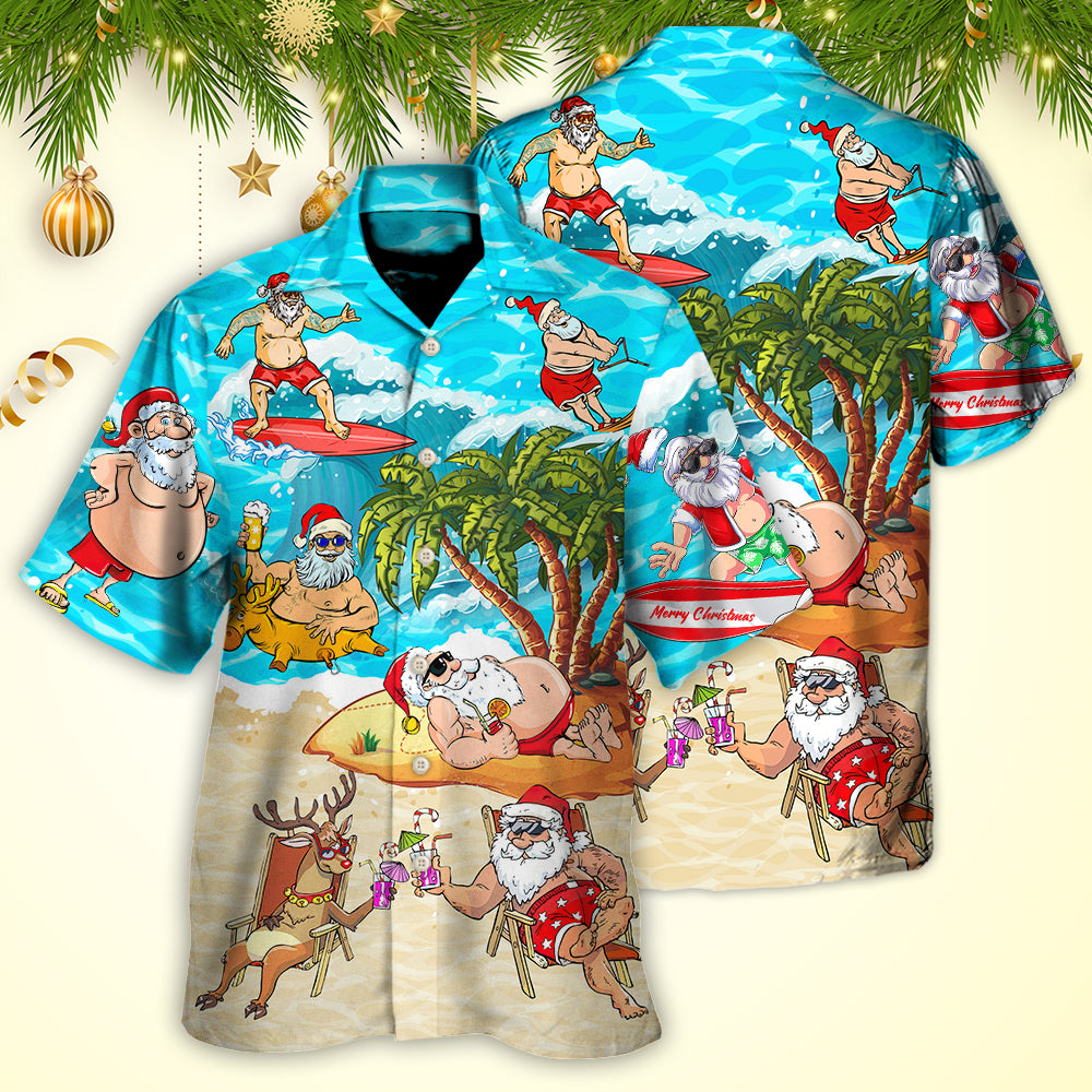 Christmas Santa Claus Chilling On The Beach Mele Kalikimaka Funny - Hawaiian Shirt - Owls Matrix LTD