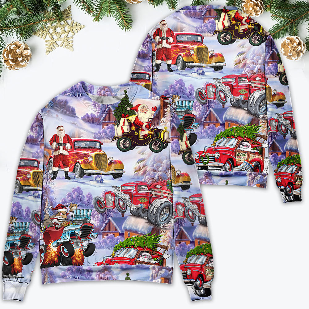 Santa Hot Rod Christmas Tree Merry Xmas - Sweater - Ugly Christmas Sweaters - Owls Matrix LTD