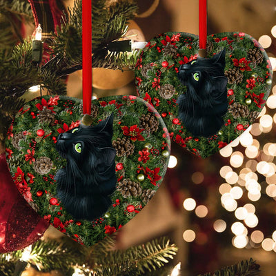 Christmas Black Cat Meowy Catmas - Heart Ornament - Owls Matrix LTD