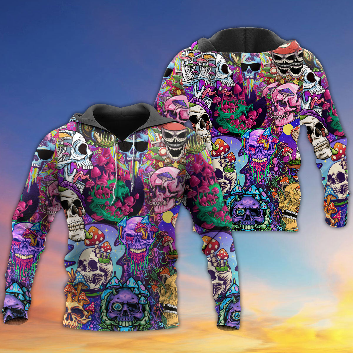 Hippie Mushroom And Skull Colorful Art - Hoodie - Owls Matrix LTD