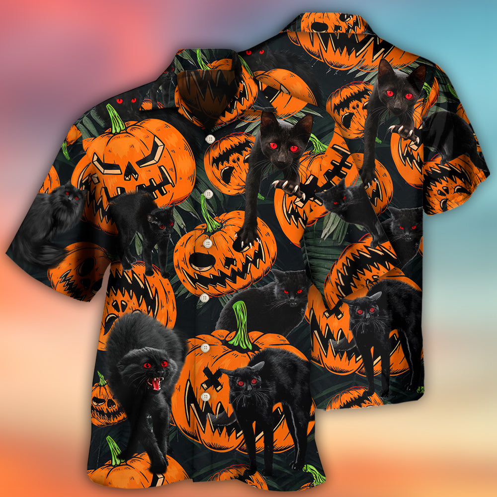 Halloween Black Cat Pumpkin Scary Tropical - Hawaiian Shirt - Owls Matrix LTD