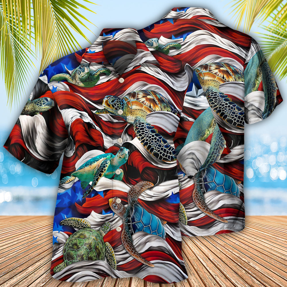 Turtle Independence Day Swimming In The American Flag - Hawaiian Shirt - Owls Matrix LTD