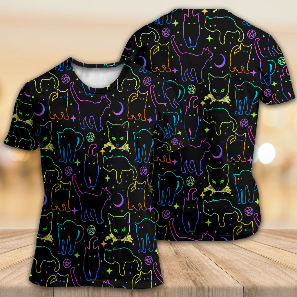 Cat Neon Colorful Playing With Kitten Magical - Round Neck T-shirt - Owls Matrix LTD