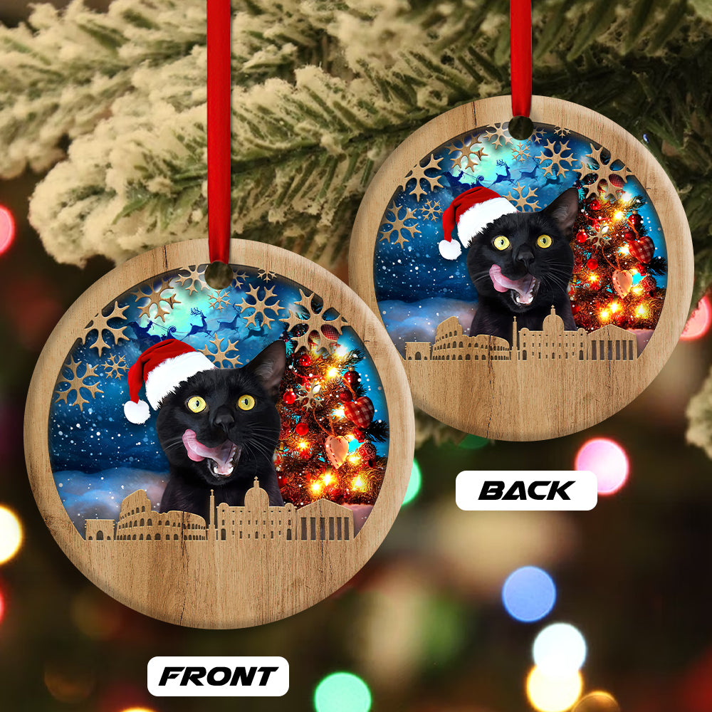 Christmas Black Cat Happy Xmas Light Santa Claus Decor Tree Hanging - Circle Ornament - Owls Matrix LTD