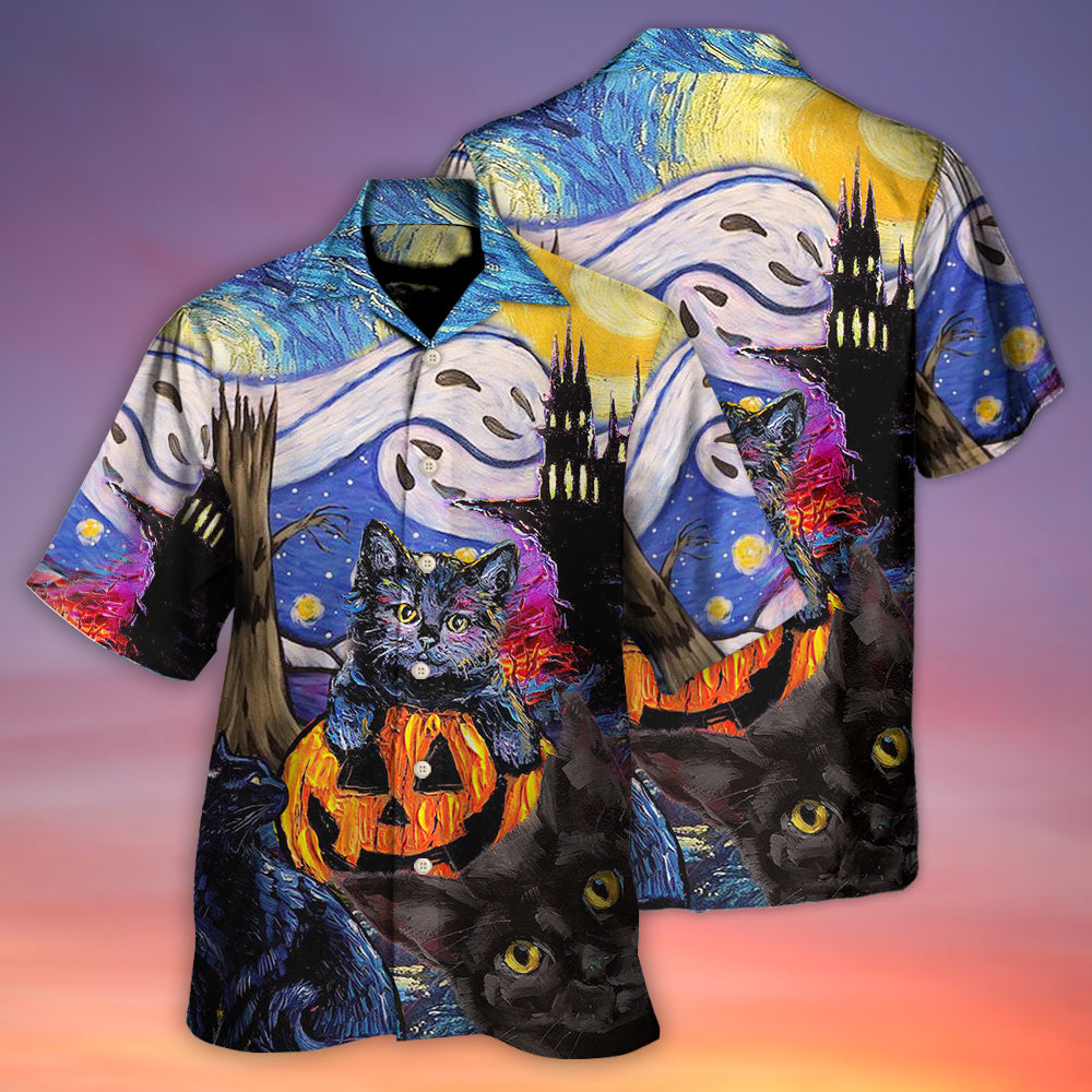Halloween Black Cat Starry Night Funny Cat Painting Art Style - Hawaiian Shirt - Owls Matrix LTD
