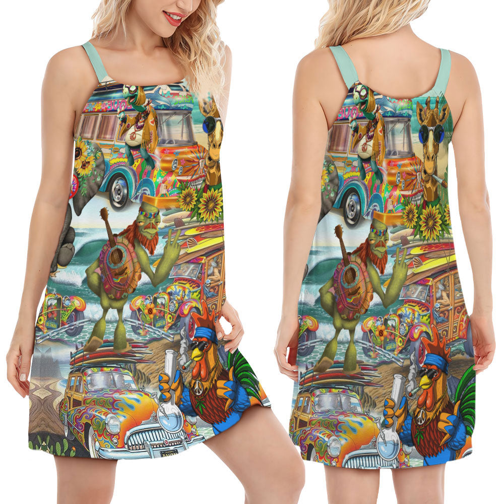 Hippie Funny Animals Happy Together Love Beach - Women's Sleeveless Cami Dress - Owls Matrix LTD