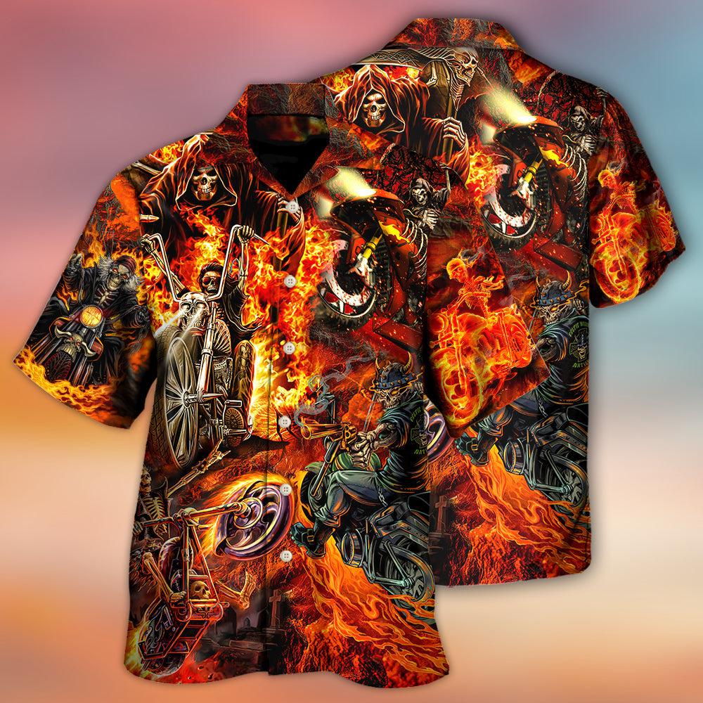 Motorcycle Lover Skull Fire Burning Art Style - Hawaiian Shirt - Owls Matrix LTD
