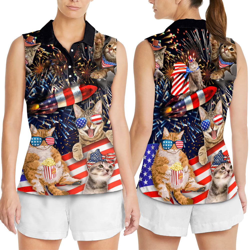 Cat Independence Day Happy Firework - Women's Polo Shirt - Owls Matrix LTD