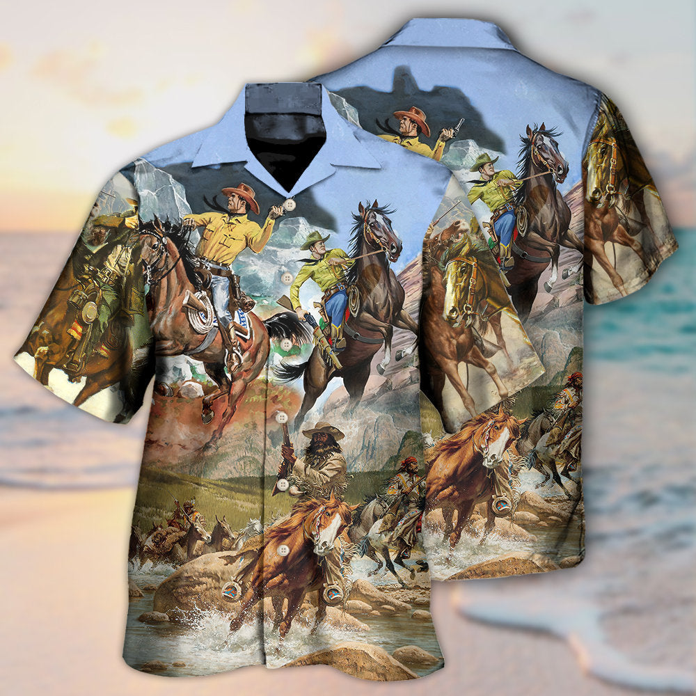 Cowboy Shootin Riding Horse Desert - Hawaiian Shirt - Owls Matrix LTD