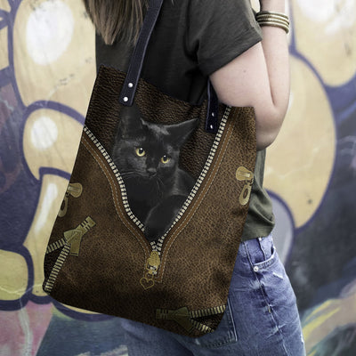 Black Cat Black Leather Zipper - Leather Hand Bag - Owls Matrix LTD