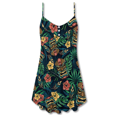 Tiki Hawaii And Leaf Tropical Style - V-neck Sleeveless Cami Dress - Owls Matrix LTD