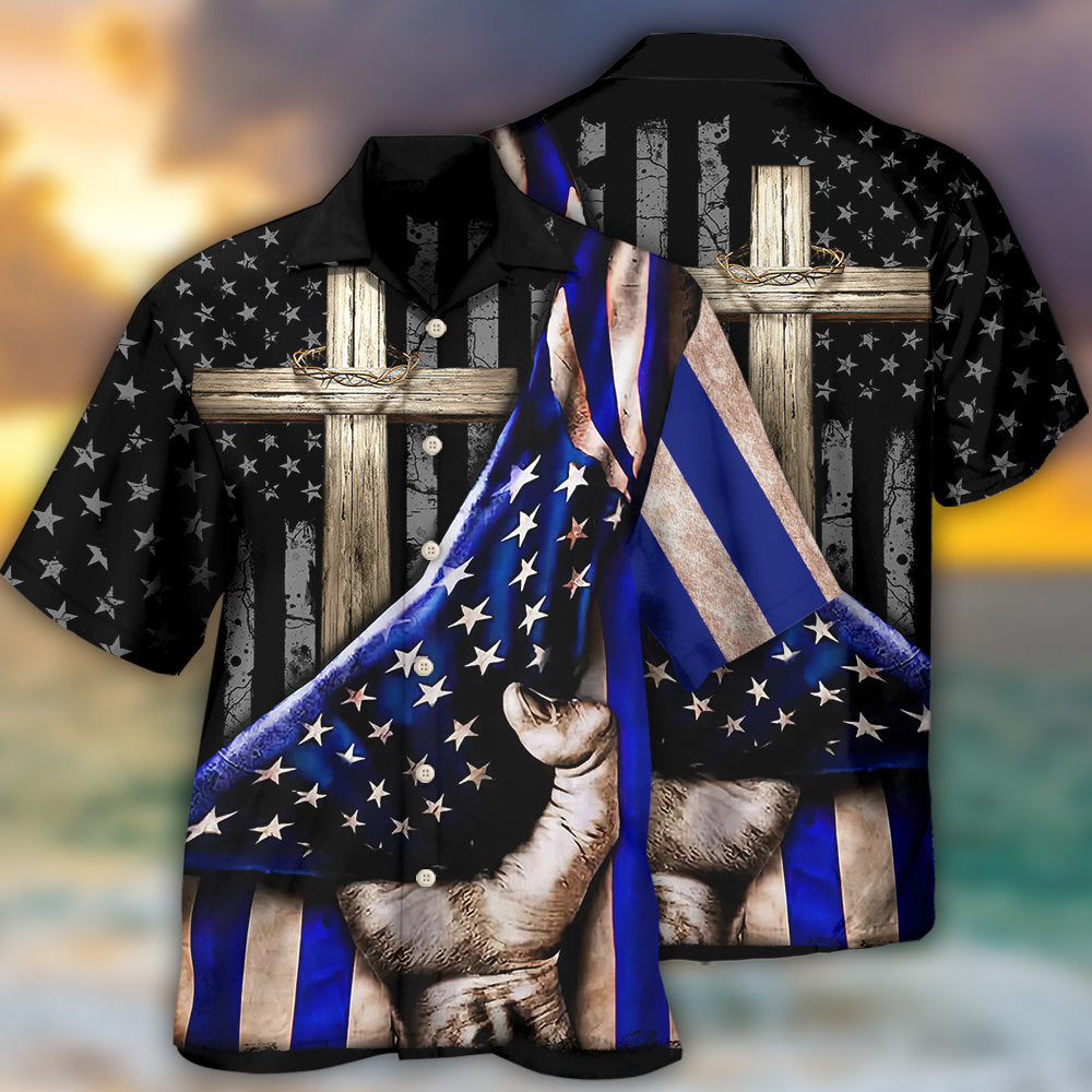 Jesus Back The Blue Faith Cross - Hawaiian Shirt - Owls Matrix LTD
