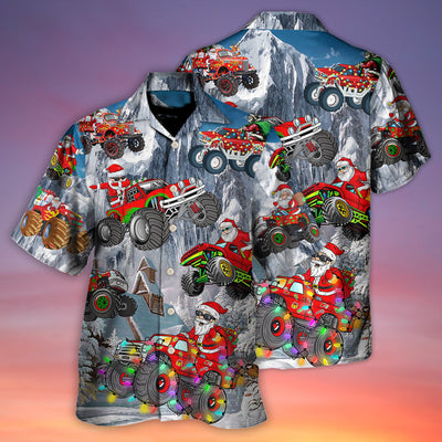 Christmas Santa Claus Riding Red Truck Snow Mountain Art Style - Hawaiian Shirt - Owls Matrix LTD