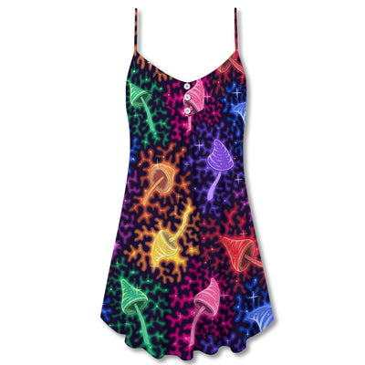 Mushroom Galaxy Rainbow Colorful Bright - V-neck Sleeveless Cami Dress - Owls Matrix LTD