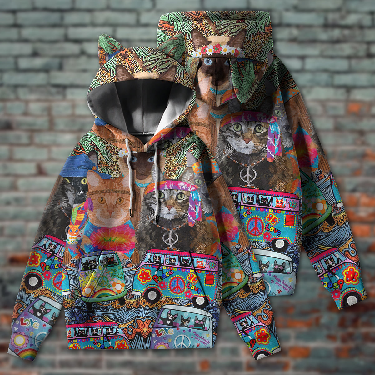 Hippie Cat Love Hippie Life - Ears Hoodie - Owls Matrix LTD