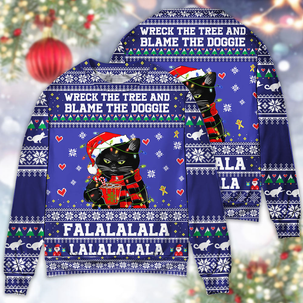 Black Cat Wreck The Tree And Blame The Doggies - Sweater - Ugly Christmas Sweaters - Owls Matrix LTD
